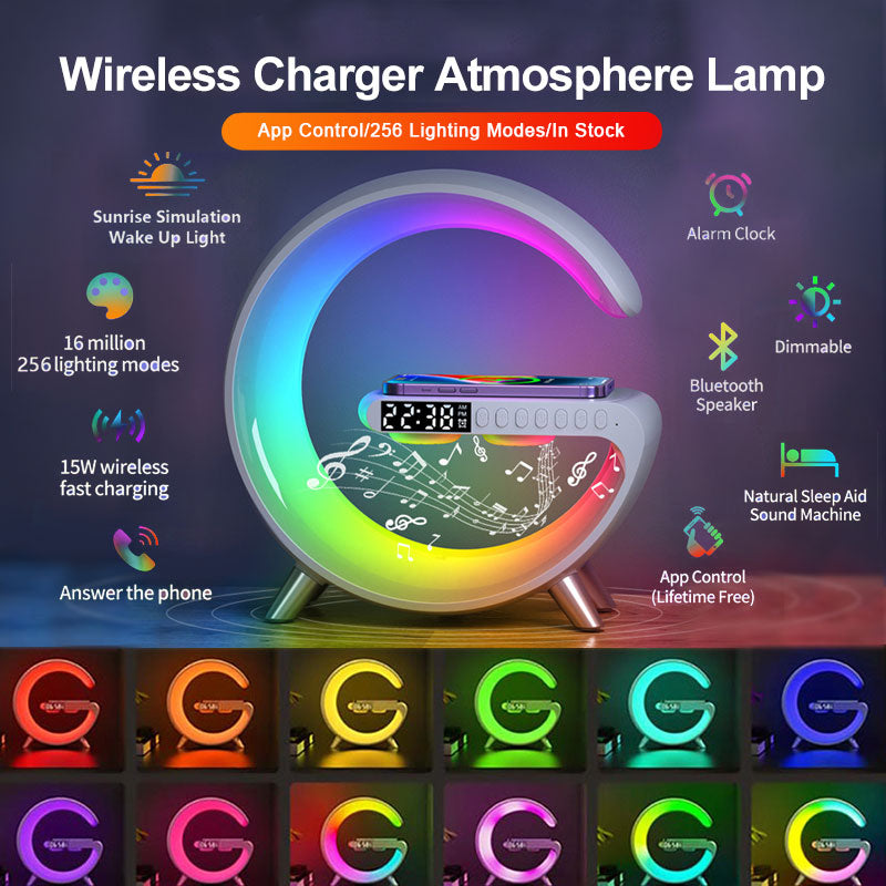 G Shaped LED Lamp With Bluetooth Speaker And Wireless Charger