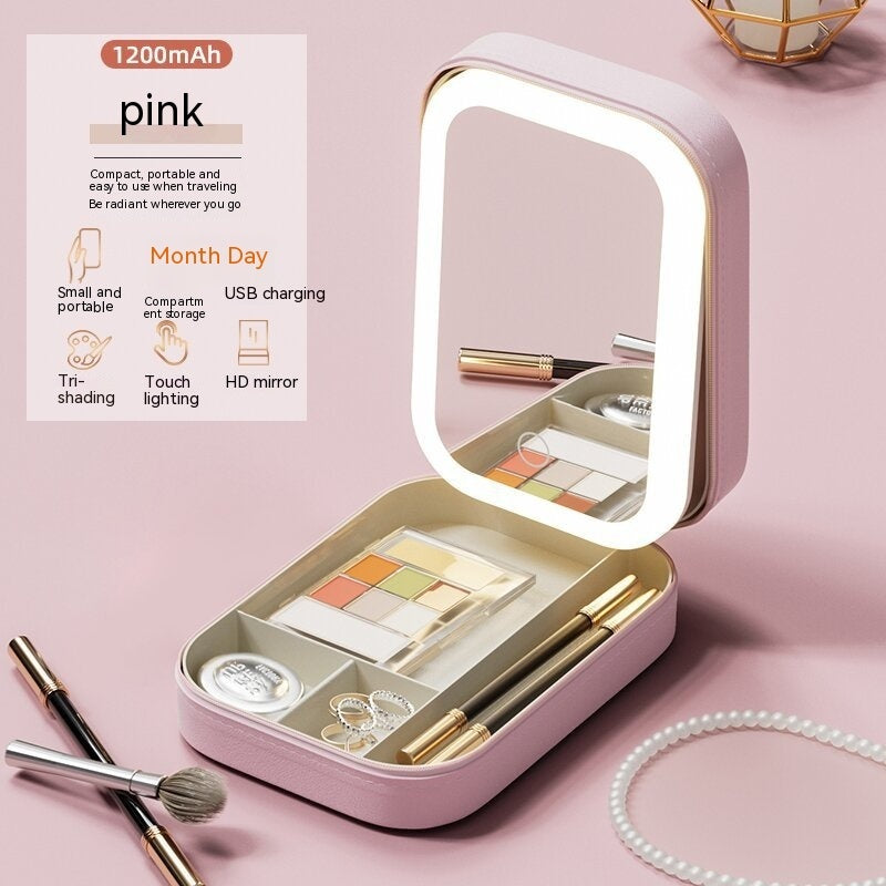 Portable Makeup Storage Box with LED Mirror & Touch Light - Ideal for Travel & Home