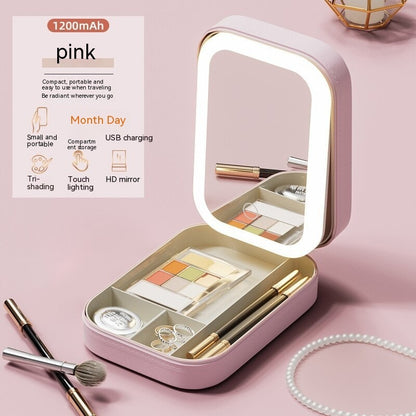 Portable Makeup Storage Box with LED Mirror & Touch Light - Ideal for Travel & Home